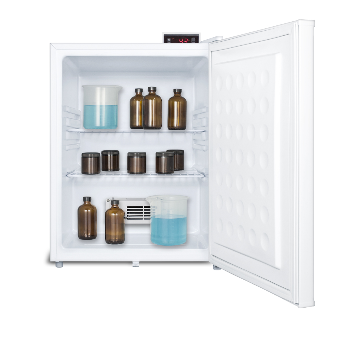 Compact general purpose all-refrigerator with automatic defrost, front-mounted lock, and white finish